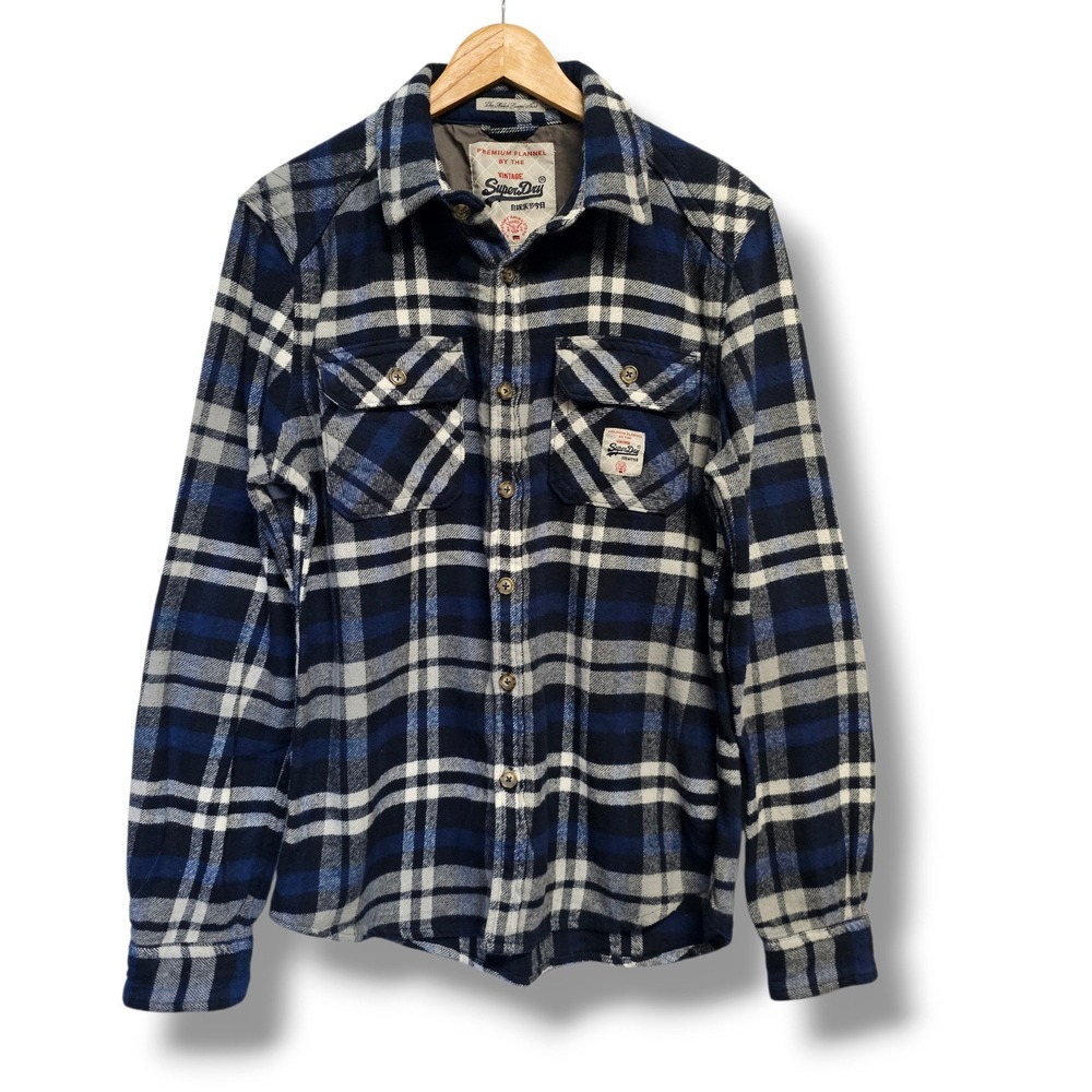 Superdry Milled Thick Flannel Shirt L Mens Blue Plaid Elbow Patch Cotton Outdoor